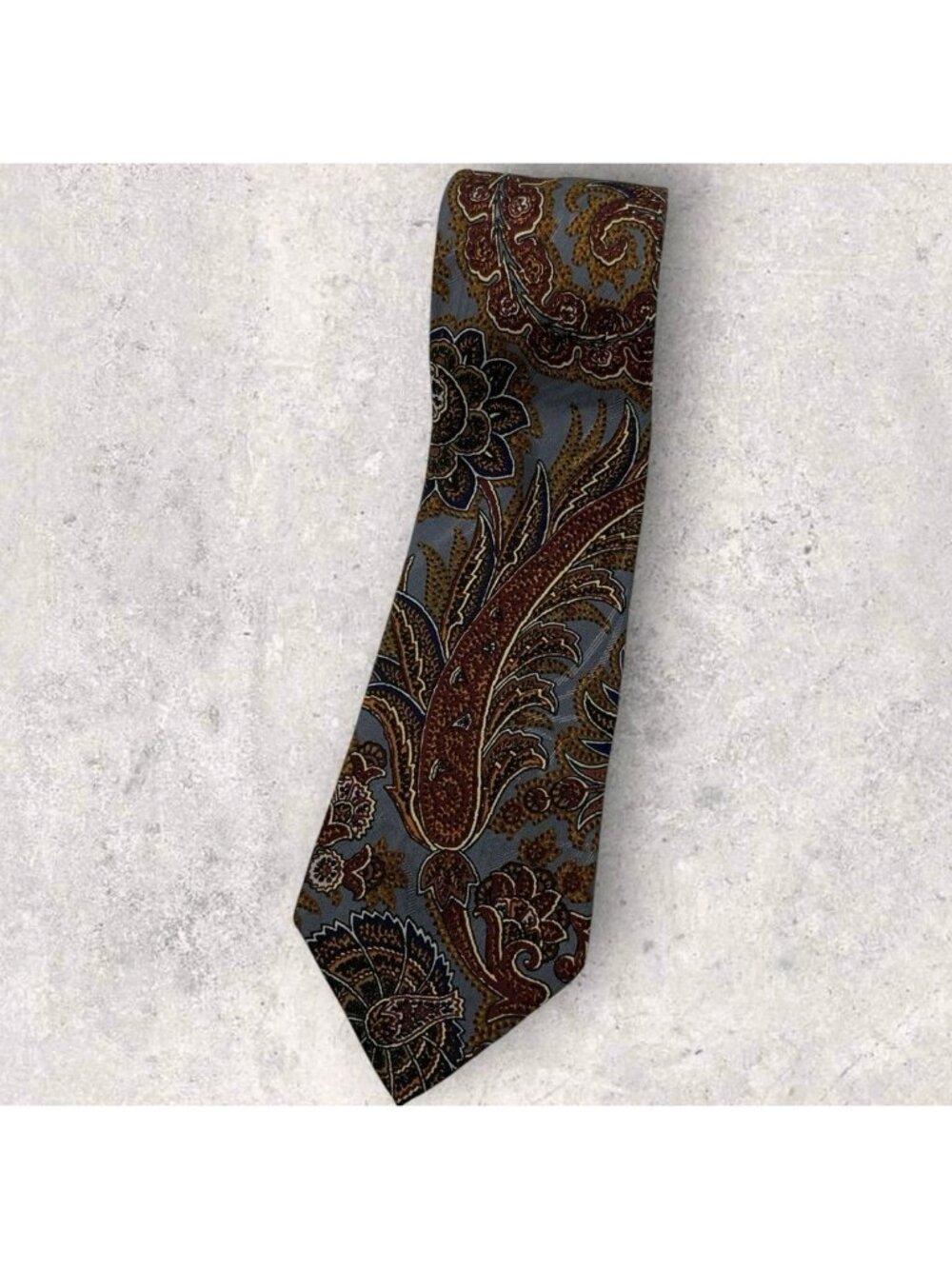 BURBERRYS Silk Tie USA Gray Burgundy Brown Paisley W:3.7" EUC